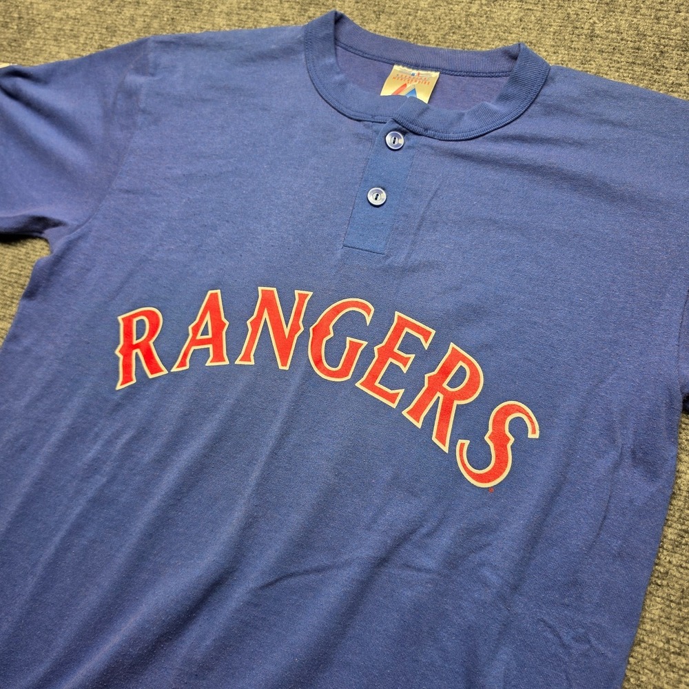 Vintage Texas Rangers Majestic Henley Shirt Mens Medium M Blue Jersey Govoni 11